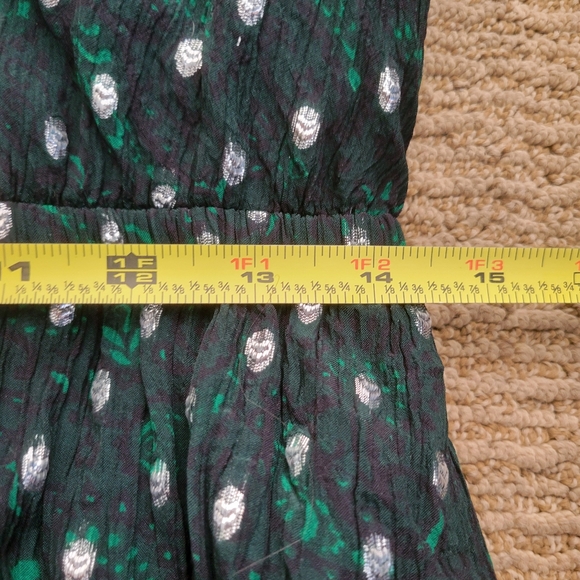 LOFT metallic foil pattern emerald green silver festive party dress puff sleeve - Picture 8 of 15